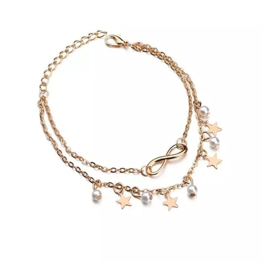 Infinity Pearl Star Boho Gold Toned Anklet - Picture 2 of 4